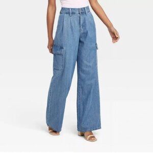 Women's Wide Leg Denim Cargo Trousers - Universal Thread Medium Wash 12